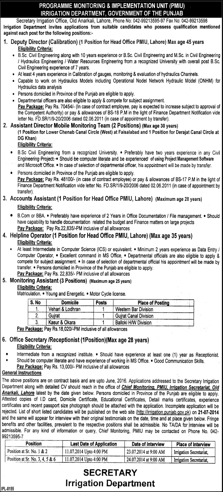 Irrigation Department Punjab Jobs 2014 June in Program Monitoring & Implementation Unit