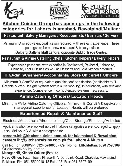 Kitchen Cuisine Jobs 2014 June Latest Advertisement