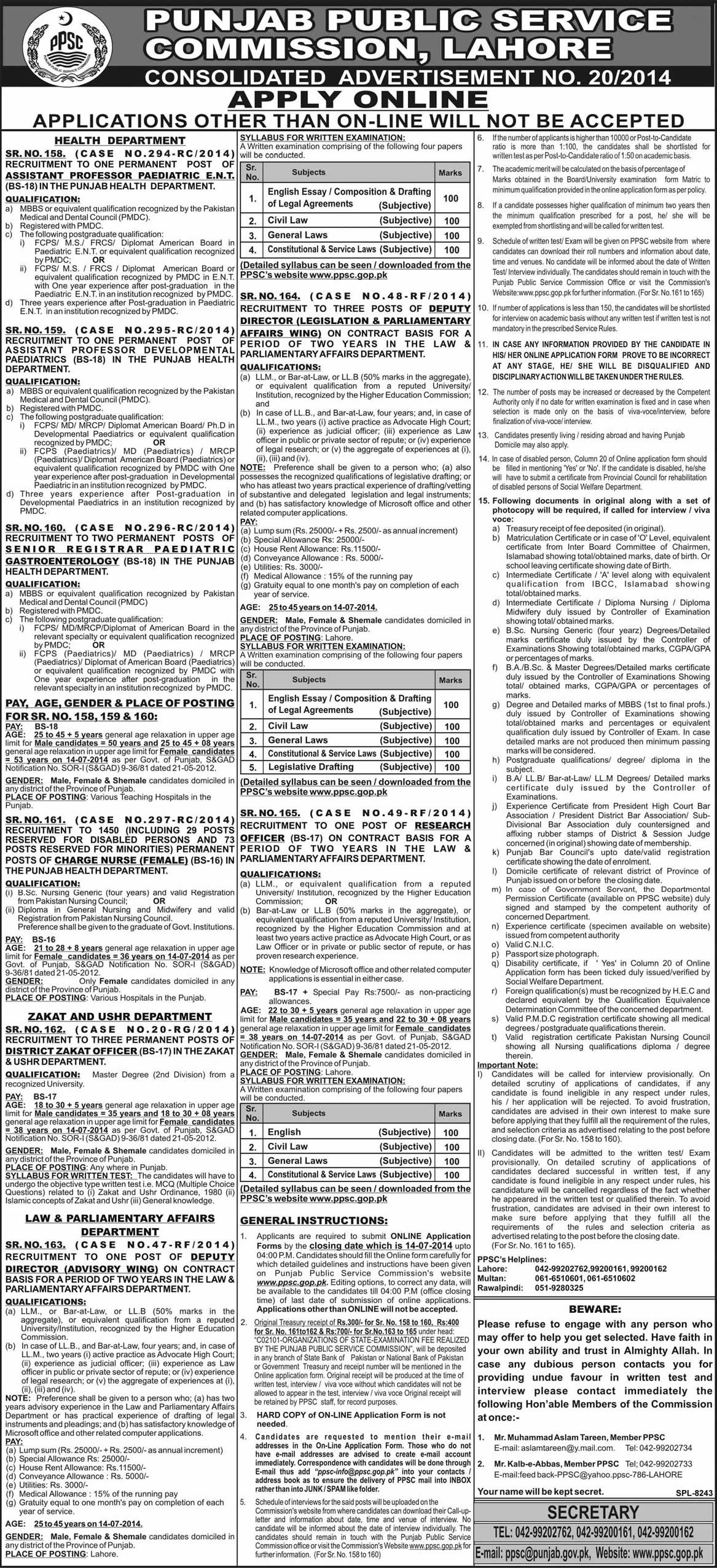 PPSC Jobs 2014 June Charge Nurse Female Latest Advertisement