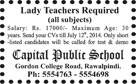 Female Teaching Jobs in Rawalpindi 2014 June at Capital Public School