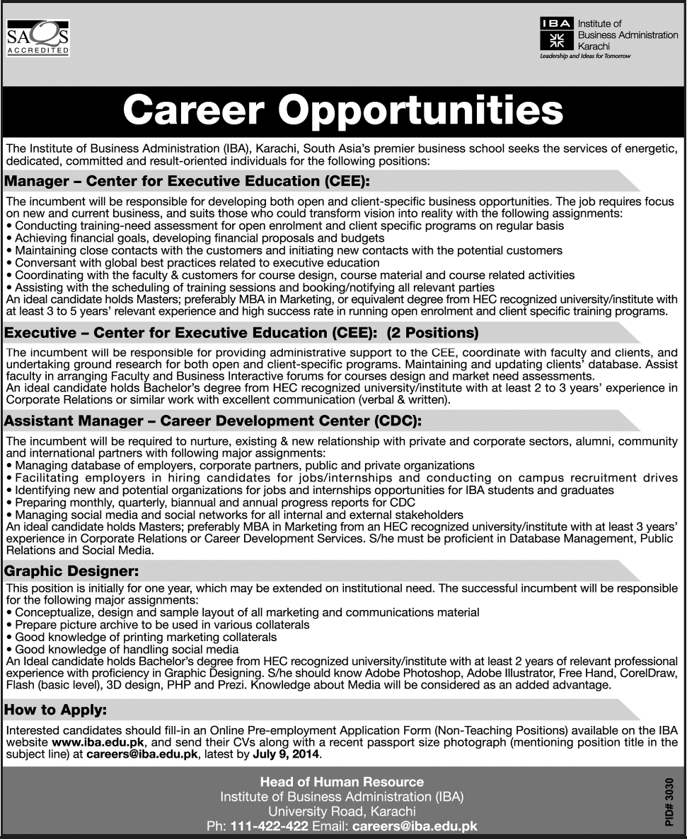 Institute of Business Administration - IBA Karachi Jobs 2014 June