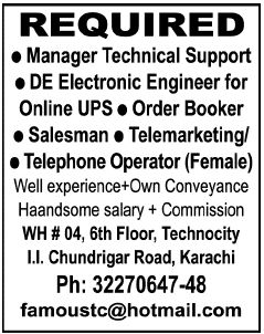 Jobs in Karachi 2014 June for Electronics Engineer, Telephone Operator, Salesman & Other Staff