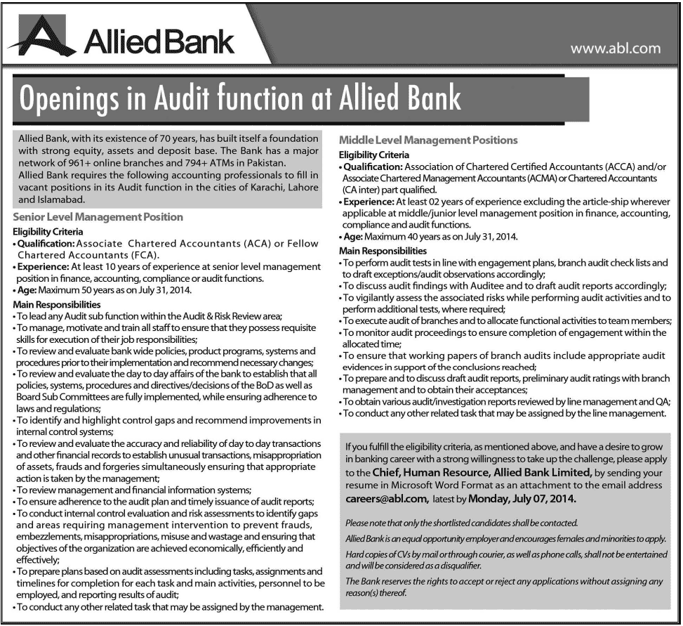Allied Bank Jobs July 2014 in Audit Function Latest Advertisement