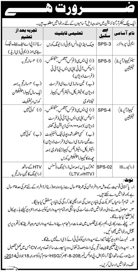 Public Sector Organization Jobs in Islamabad 2014 June / July at PO Box 208 F8 Markaz