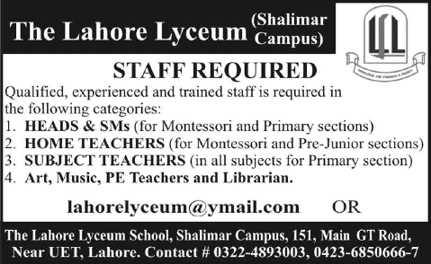 Lahore Lyceum Lahore Jobs 2014 June / July for Teaching Faculty & Administrative Positions