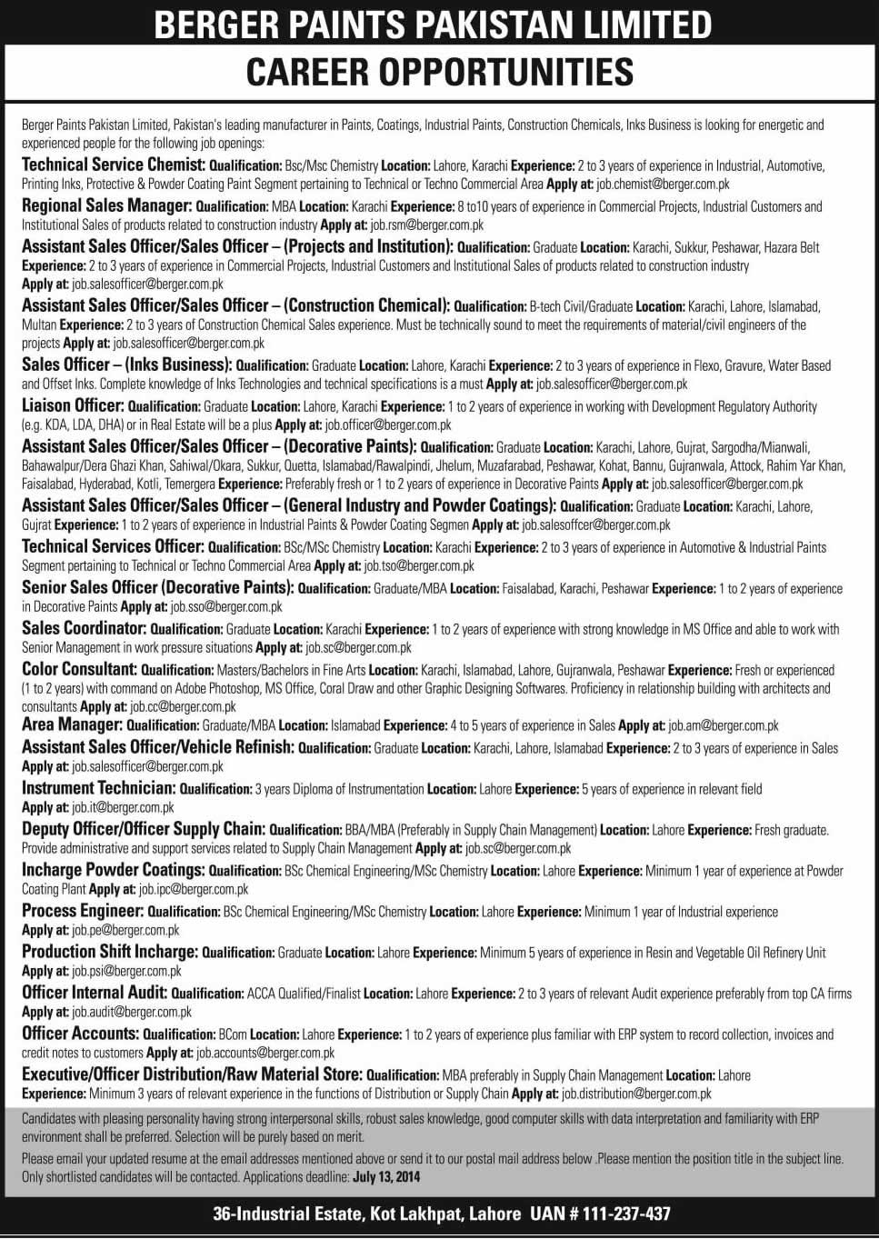 Berger Paints Jobs 2014 July Pakistan Latest Advertisement