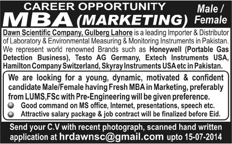 Fresh MBA Marketing Jobs in Lahore 2014 July at Dawn Scientific Company