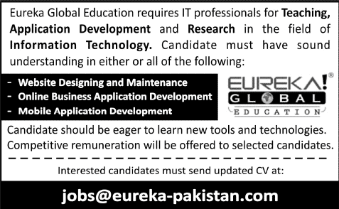 Eureka Global Education Karachi Jobs 2014 July for IT Professionals