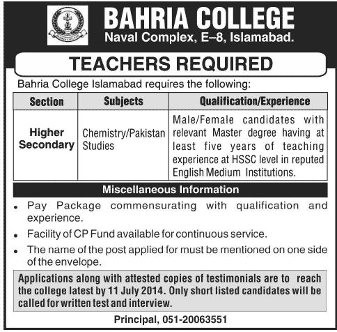 Latest Teaching Jobs in Islamabad 2014 July at Bahria College