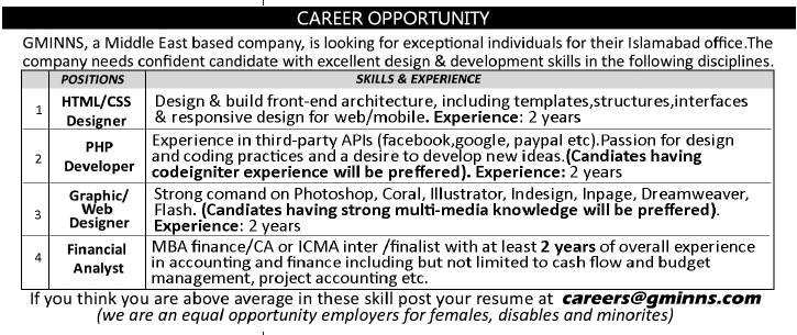 Web Designer / Developers & Financial Analyst Jobs in Islamabad 2014 July at GMINNS