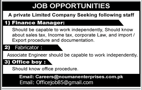 Finance Manager, Fabricator & Office Boy Jobs in Karachi 2014 July at Nouman Enterprises (Pvt.) Ltd