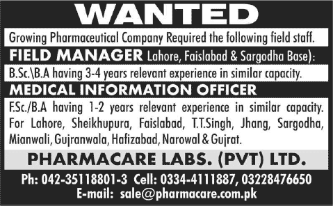 Pharmacare Laboratories Pvt Ltd Jobs 2014 July for Field Manager & Medical Information Officer