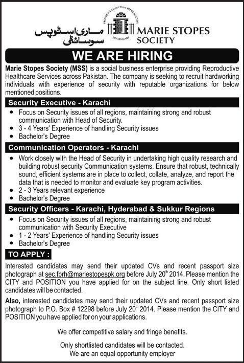 Marie Stopes Society Jobs Pakistan 2014 July for Security Officers & Communication Operators