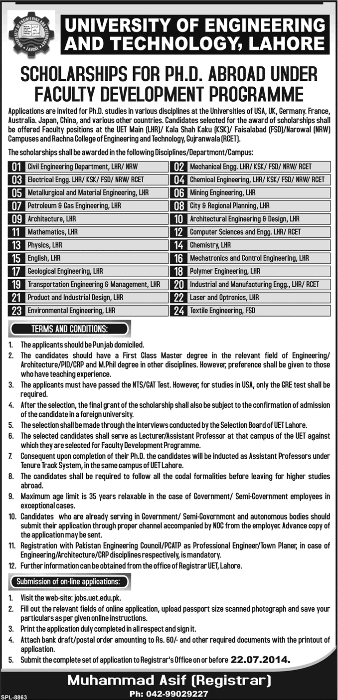 UET Scholarships 2014 for Ph.D. Abroad under Faculty Development Program