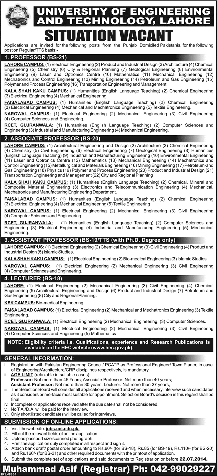 UET Jobs 2014 July Latest for Teaching Faculty