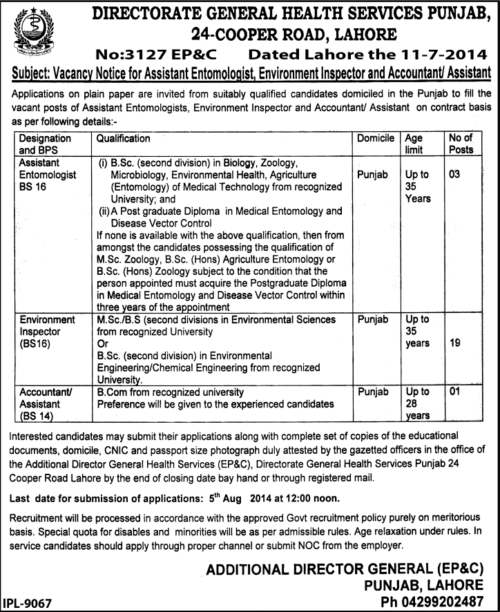 Directorate General Health Service Punjab Jobs 2014 July Latest Advertisement