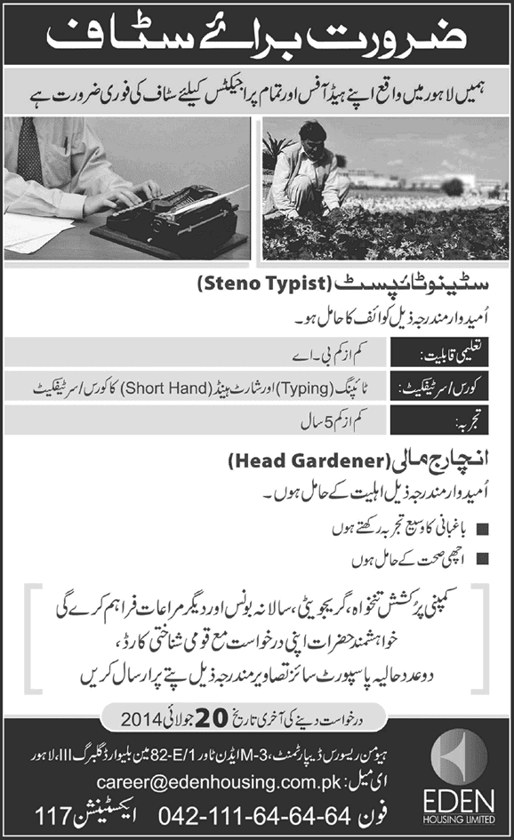 Eden Housing Jobs Lahore 2014 July for Stenotypist & Head Gardener