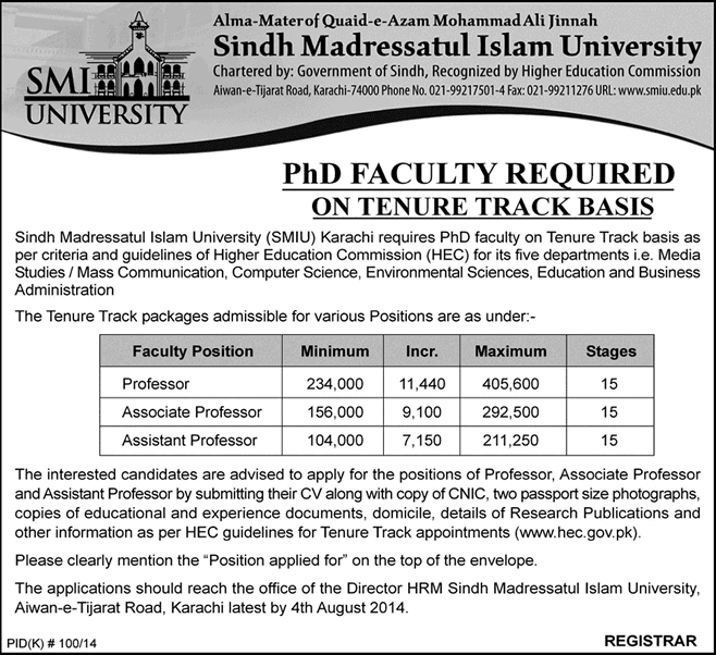 SMIU Karachi Jobs 2014 July for Ph.D. Faculty