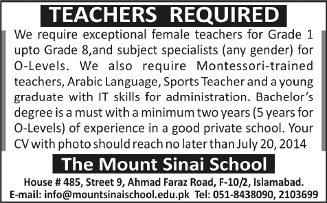 Mount Sinai School Islamabad Jobs 2014 July for Teaching Staff & Administrator