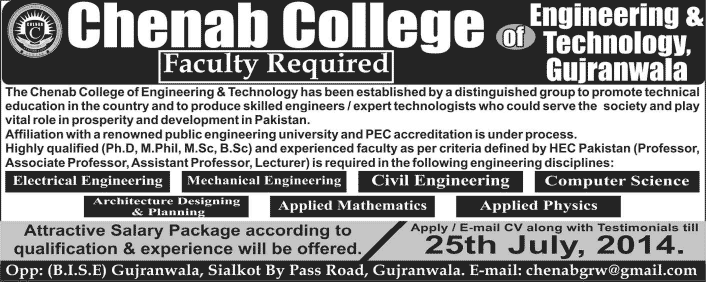 Chenab College of Engineering & Technology Gujranwala Jobs 2014 July for Teaching Faculty