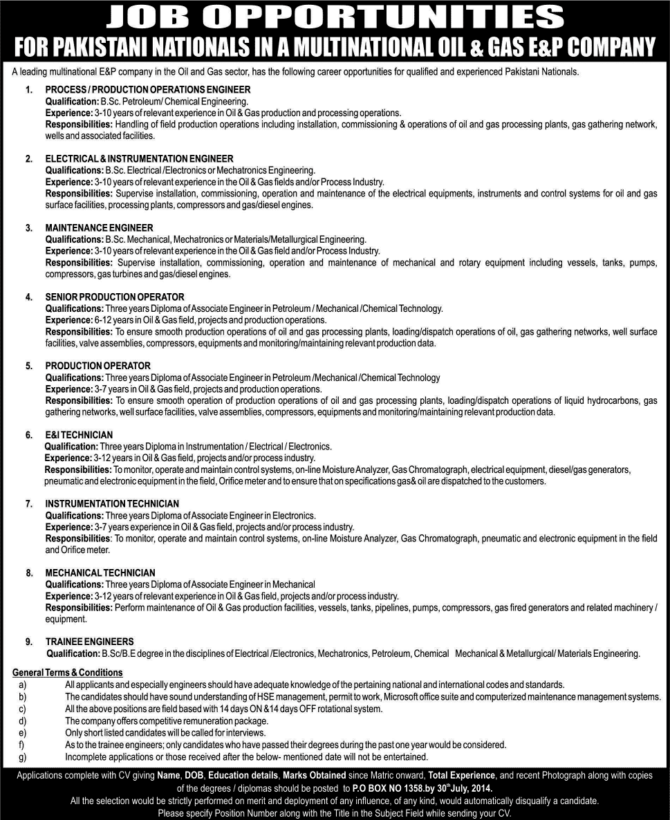 Oil & Gas Company Jobs in Pakistan 2014 July Po Box 1358