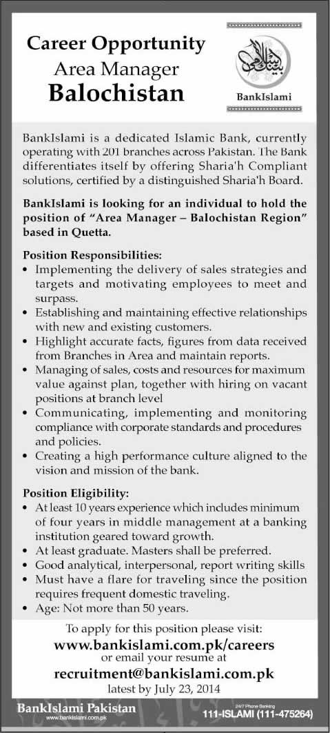 Bank Islami Jobs 2014 July Latest for Area Manager