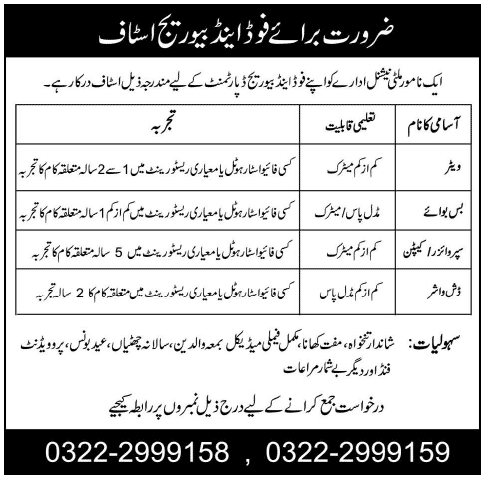 Waiter, Bus Boy, Supervisor / Captain & Dish Washer Jobs in Karachi 2014 July for Multinational Company