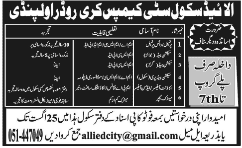 Allied School Rawalpindi Jobs 2014 July for Teaching & Non-Teaching Staff