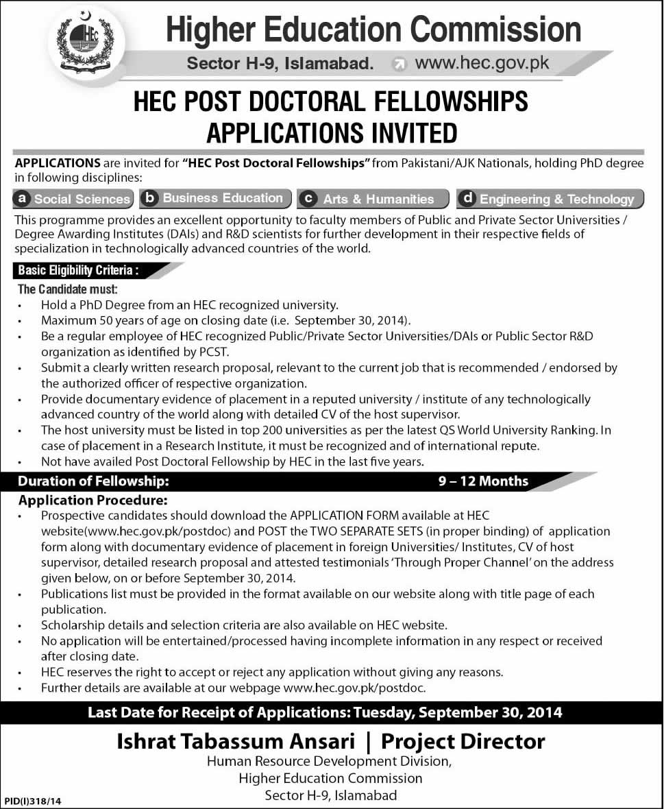 Higher Education Commission Postdoctoral Fellowships 2014 July