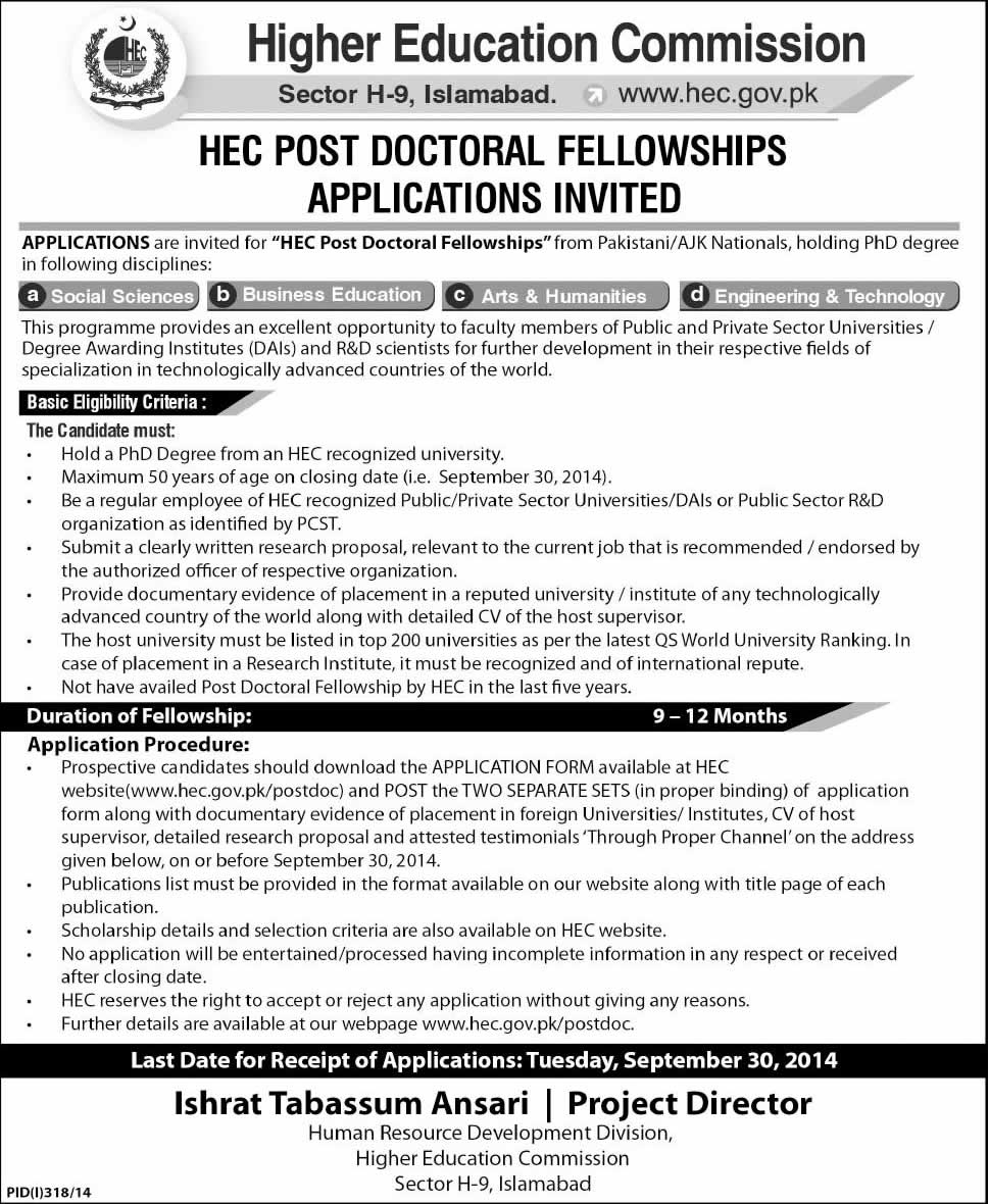 Higher Education Commission Postdoctoral Fellowships 2014 July