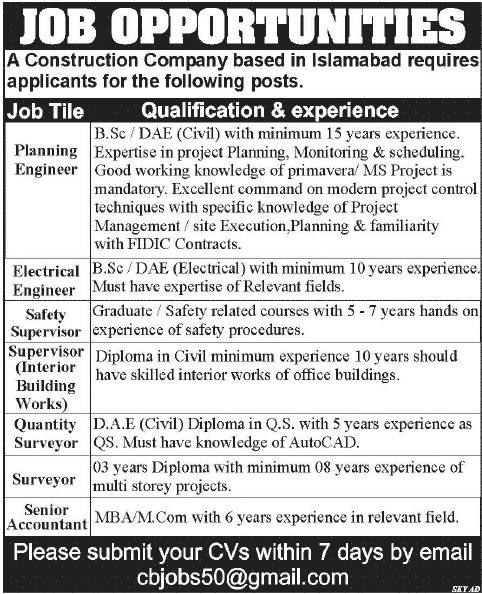 Civil / Electrical Engineers, Safety Supervisors & Accountant Jobs in Islamabad 2014 July in Construction Company