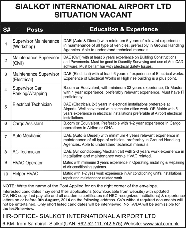 Sialkot International Airport Jobs 2014 July Latest Advertisement