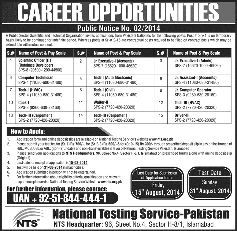 NTS Public Sector Scientific & Technical Organization Jobs 2014 July Public Notice No 02/2014