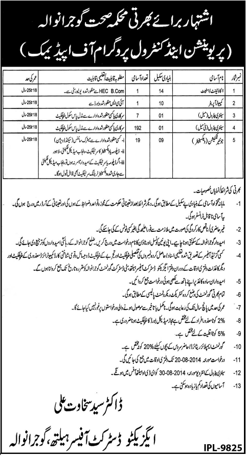 Health Department Gujranwala Jobs 2014 August Prevention & Control Program of Epidemics