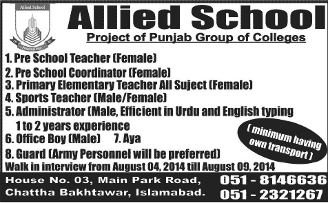 Allied School Islamabad Jobs 2014 August for Teaching Faculty & Non-Teaching Staff