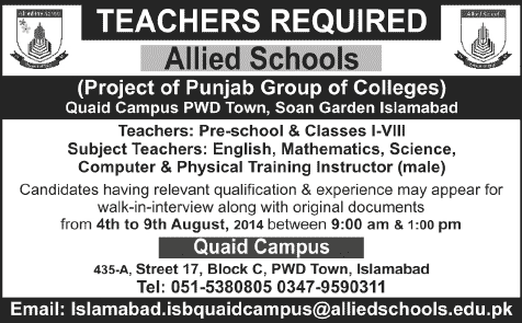 Allied School Quaid Campus Islamabad Jobs 2014 August for Teaching Faculty