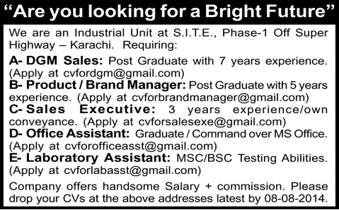 Sales / Brand Manager, Sales Executive, Office / Lab Assistant Jobs in Karachi 2014 August