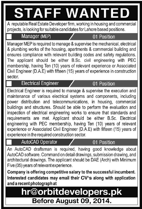 Orbit Developers Lahore Jobs 2014 August for Manager MEP, Electrical Engineer & AutoCAD Operator