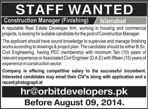 Civil Engineering Jobs in Islamabad 2014 August at Orbit Developers as Construction Manager