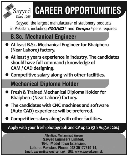 Mechanical Engineering Jobs in Lahore 2014 August at Sayyed Engineers Limited