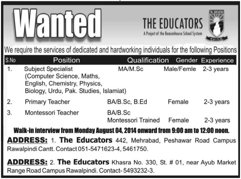 The Educators Rawalpindi Jobs 2014 August for Teaching Faculty