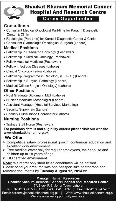 Shaukat Khanam Memorial Cancer Hospital and Research Center Jobs 2014 August Latest