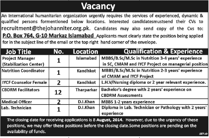 Johanniter International Pakistan Jobs 2014 August PO Box 764 G-10 Islamabad