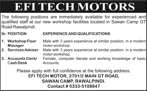 Floor Manager, Service Adviser & Accounts Clerk Jobs in Rawalpindi 2014 August at EFI Tech Motors
