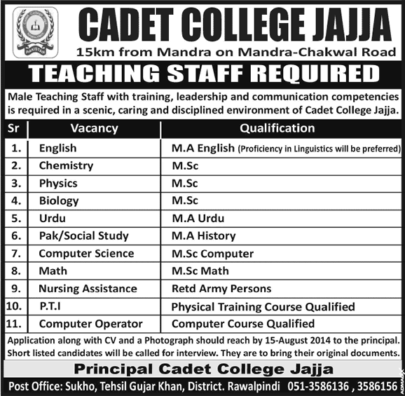 Cadet College Jajja Jobs 2014 August for Teaching Faculty & Non-Teaching Staff