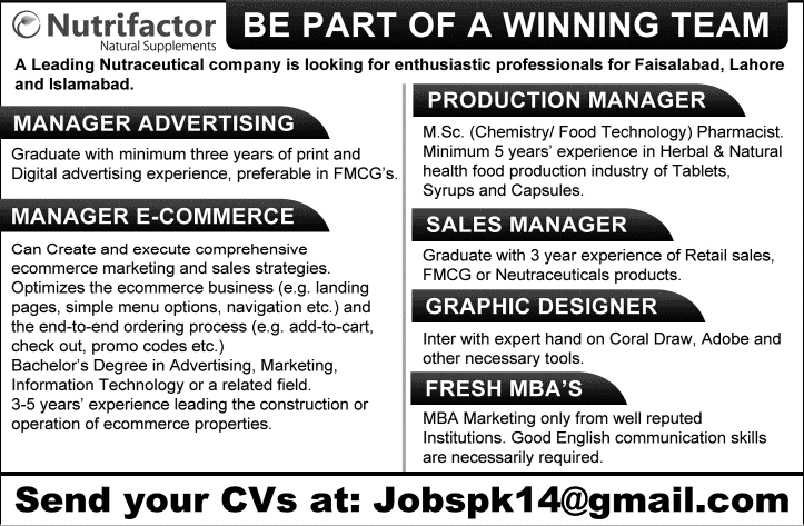 Nutrifactor Jobs 2014 August for Fresh MBA, Managers & Graphics Designer