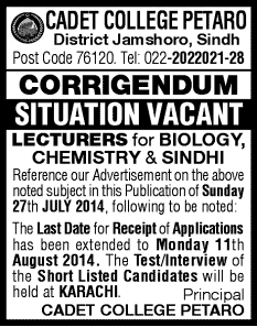 Corrigendum: Cadet College Petaro Jobs 2014 August for Lecturers