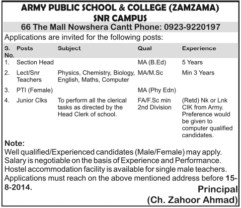 Army Public School and College Zamzama Nowshera Cantt Jobs 2014 August Latest