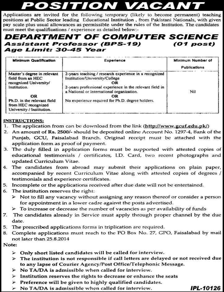 GC University Faisalabad Jobs 2014 August for Assistant Professor Computer Science