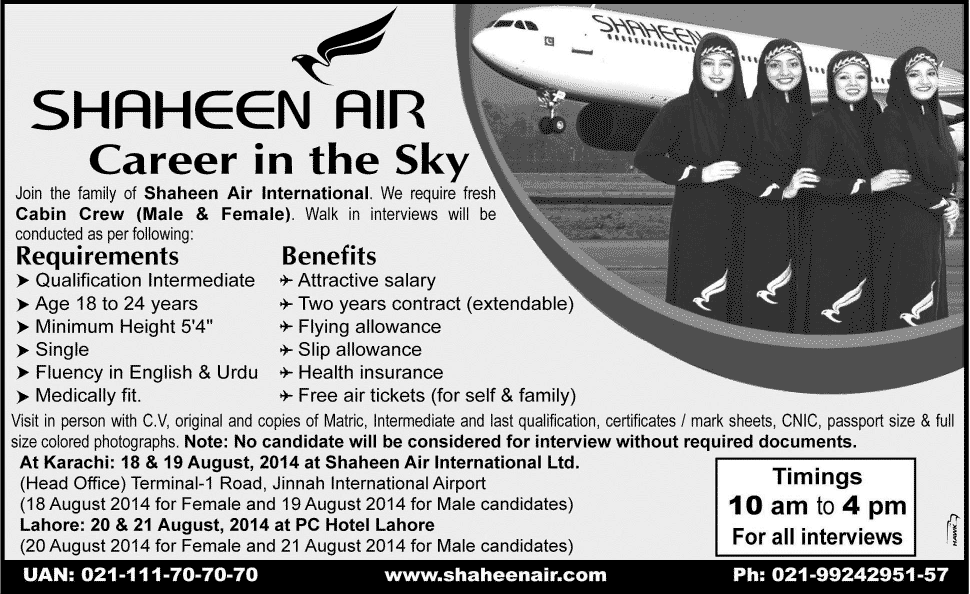Shaheen Airline Jobs 2014 August for Cabin Crew / Airhostess